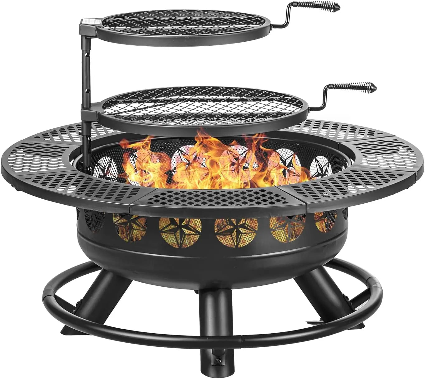 Outdoor Wood Burning Fire Pit With Cooking Grills And Lid