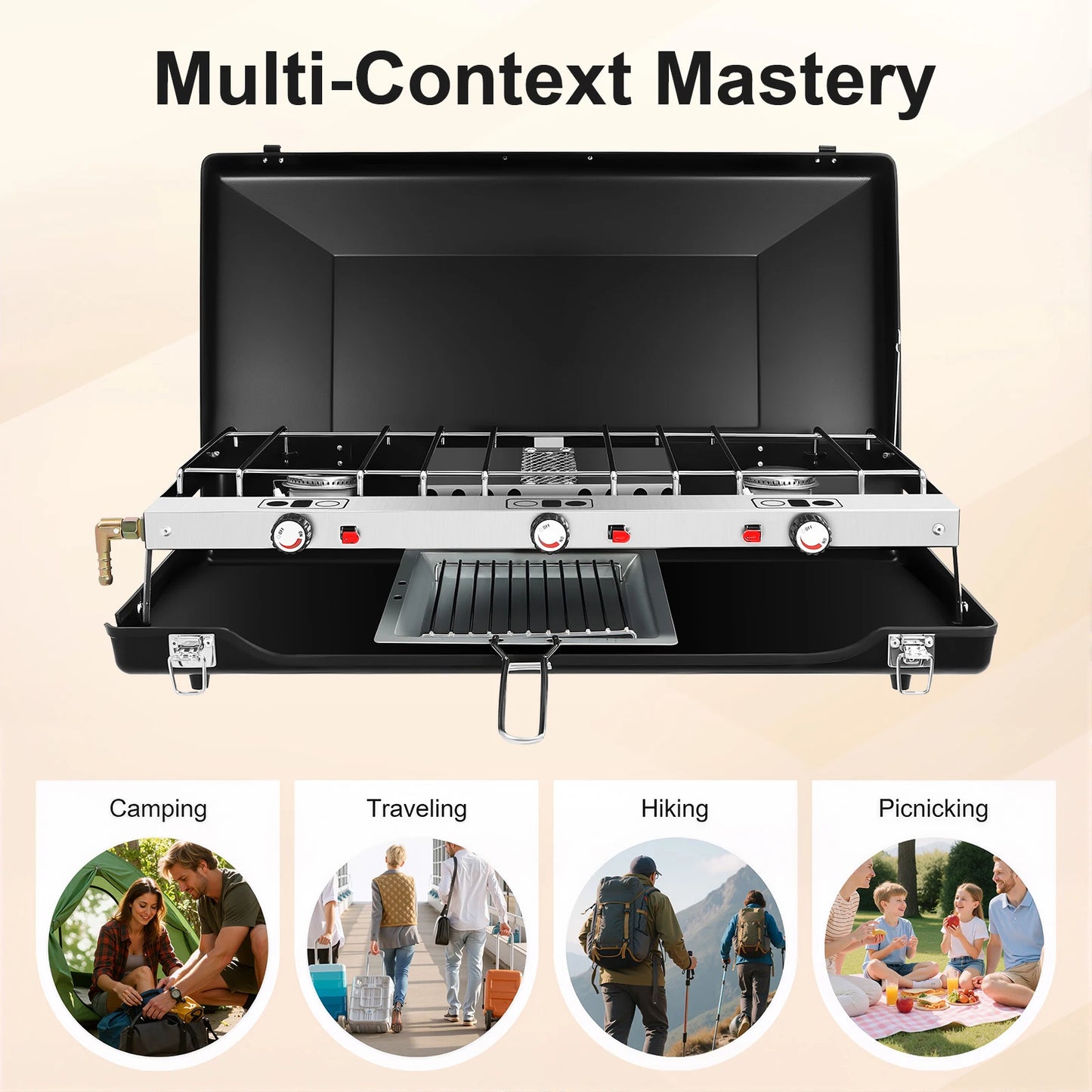 Portable 3 Burner Gas Camping Stove 4.5KW Piezo Ignition