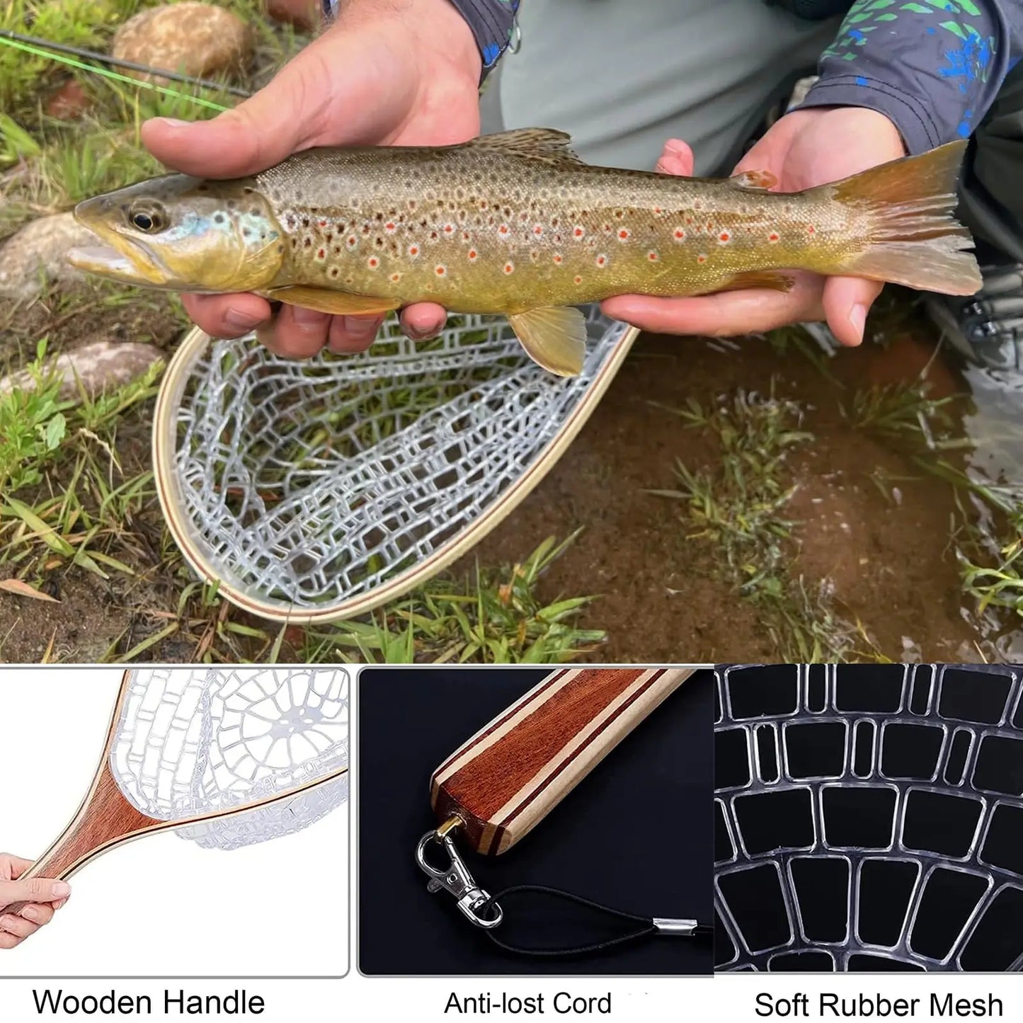 Wooden Frame Fly Fishing Landing Net Knotless Rubber Mesh Fish Friendly