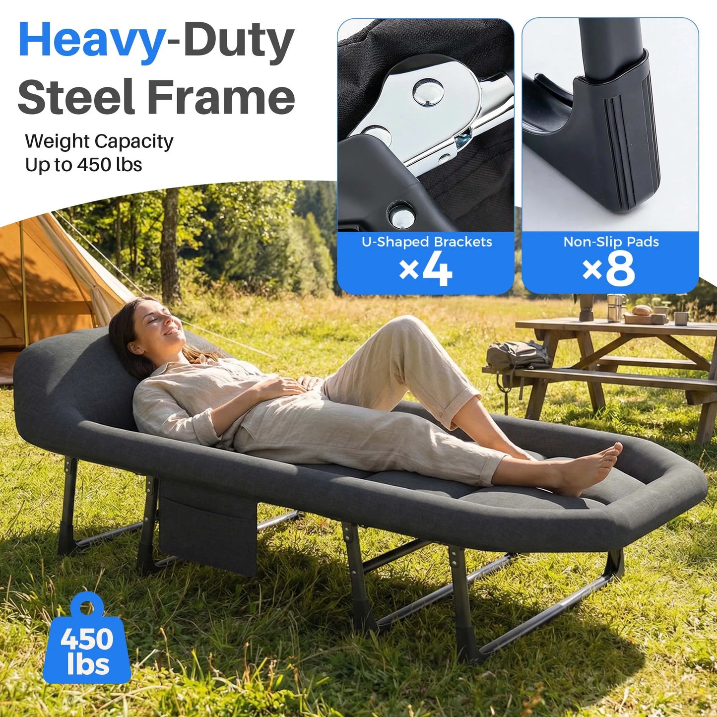 JHK Folding Camping Cot With Mattress Lightweight Carry Bag 450 Lb Capacity