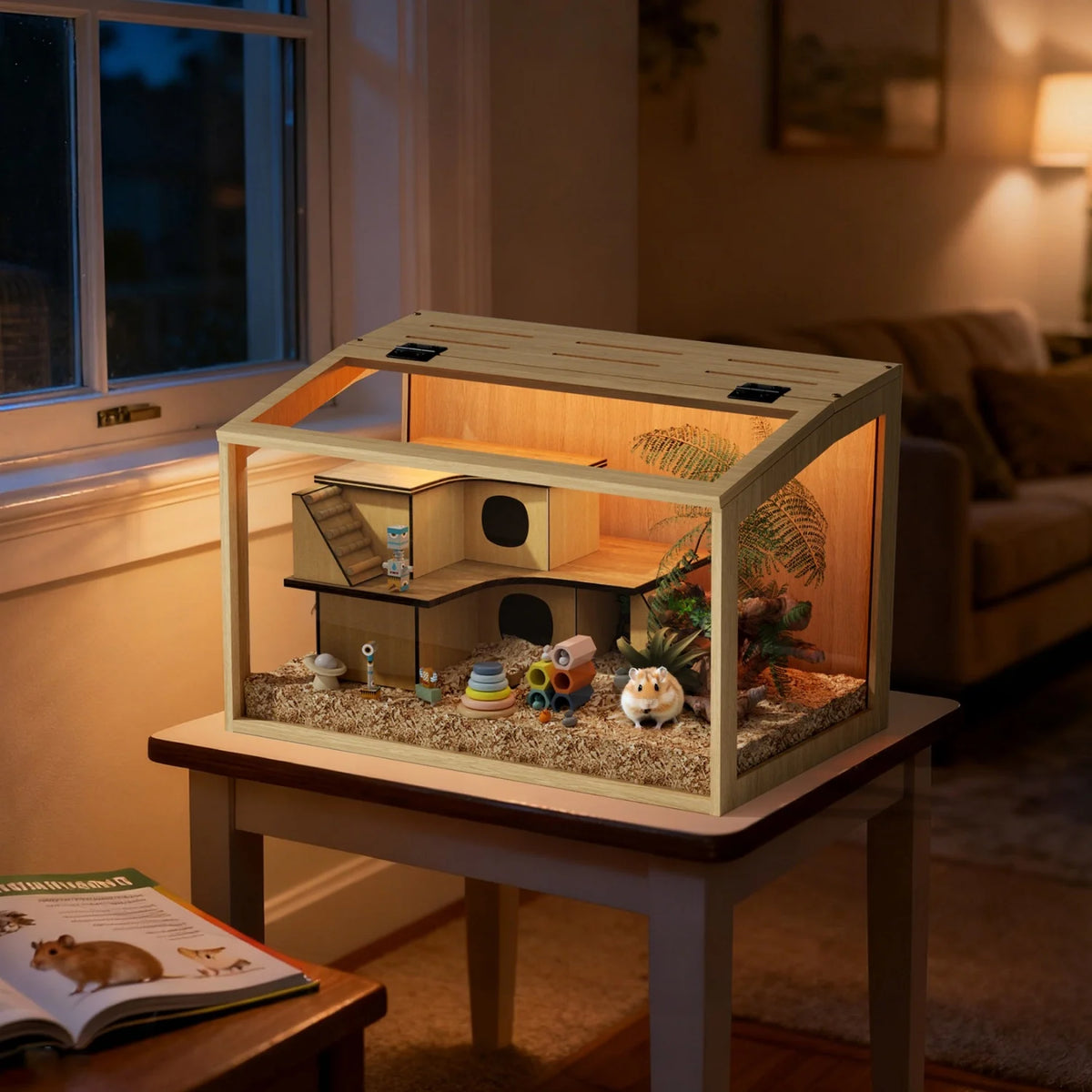 Chewproof Wooden Hamster Cage Tempered Glass Panels And LED Light