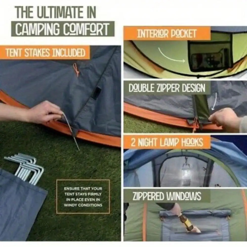Camping Tent 4 Person Pop Up With Doors Waterproof UPF50