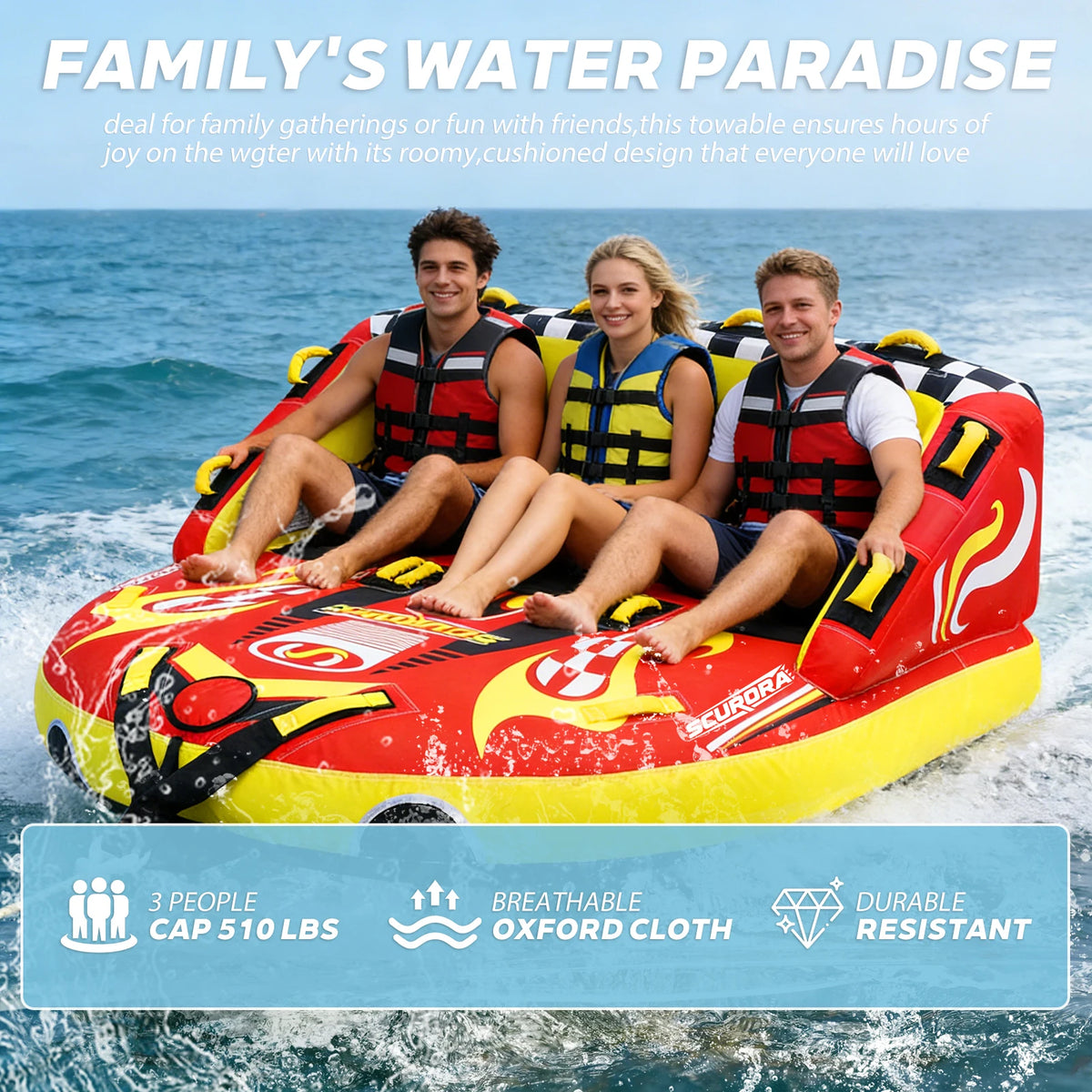 Three Person Towable Inflatable Tube for Boating and Water Sports