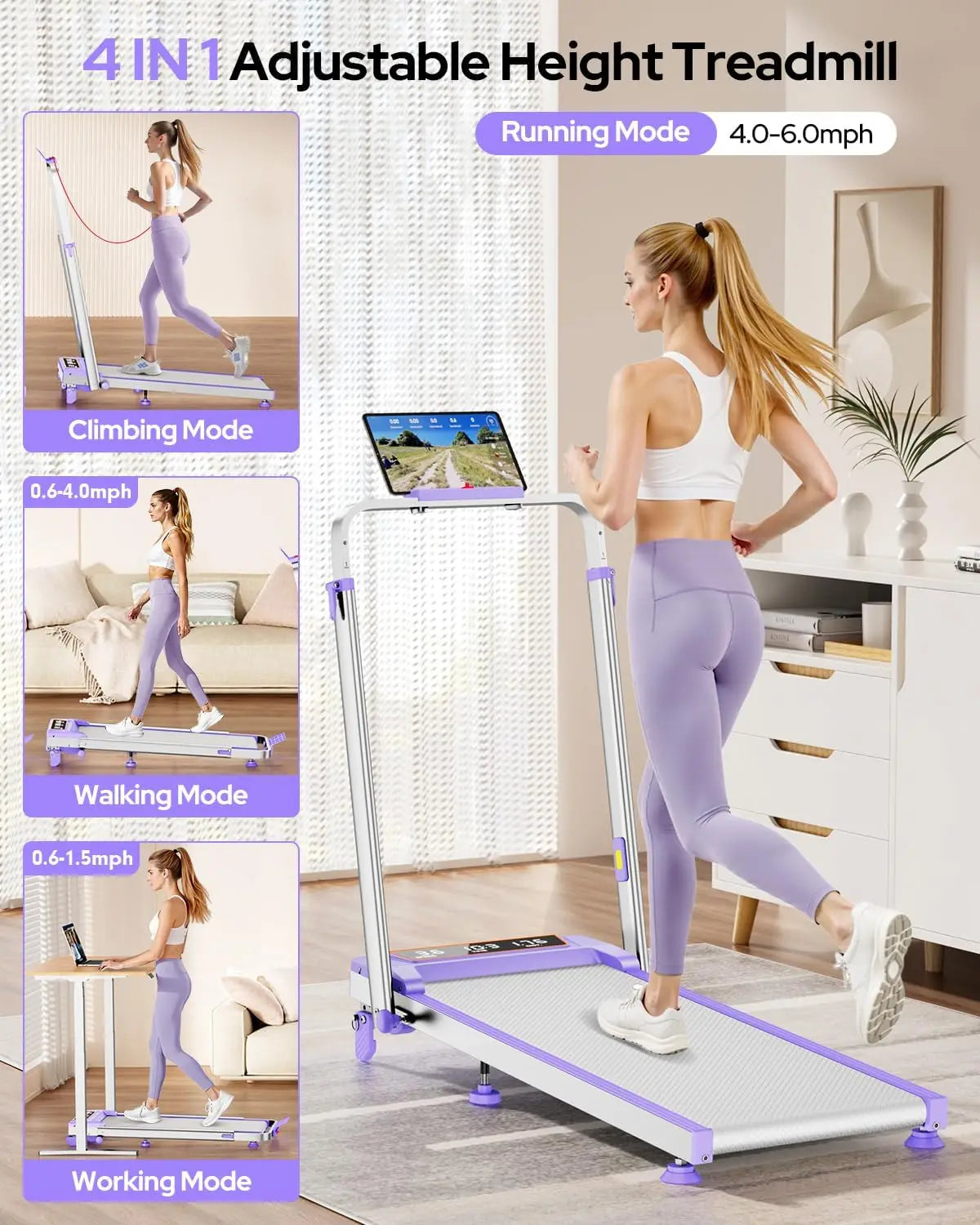 Walking Pad Treadmill With Incline Adjustable Height Foldable Under Desk 350 LBS