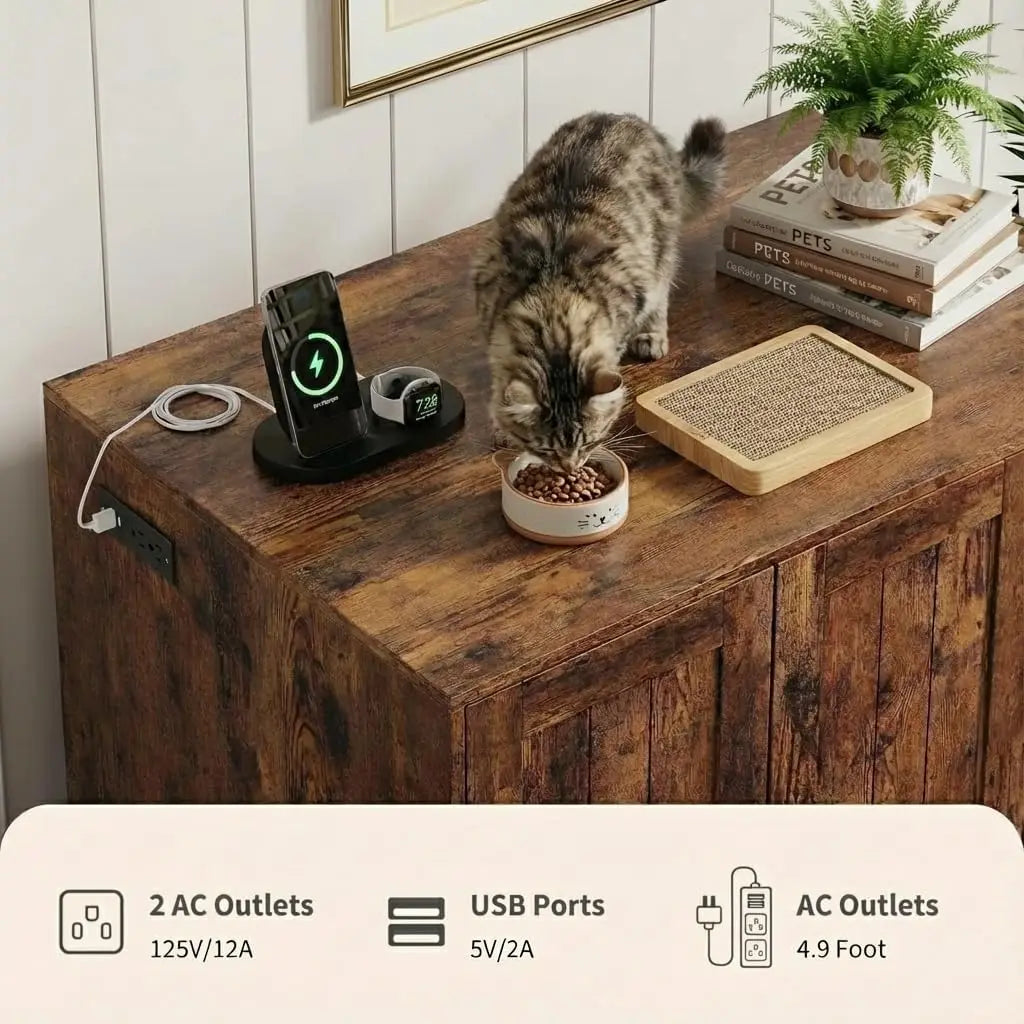 HiMISS Cat Litter Box Enclosure Cabinet With Built-In Outlet