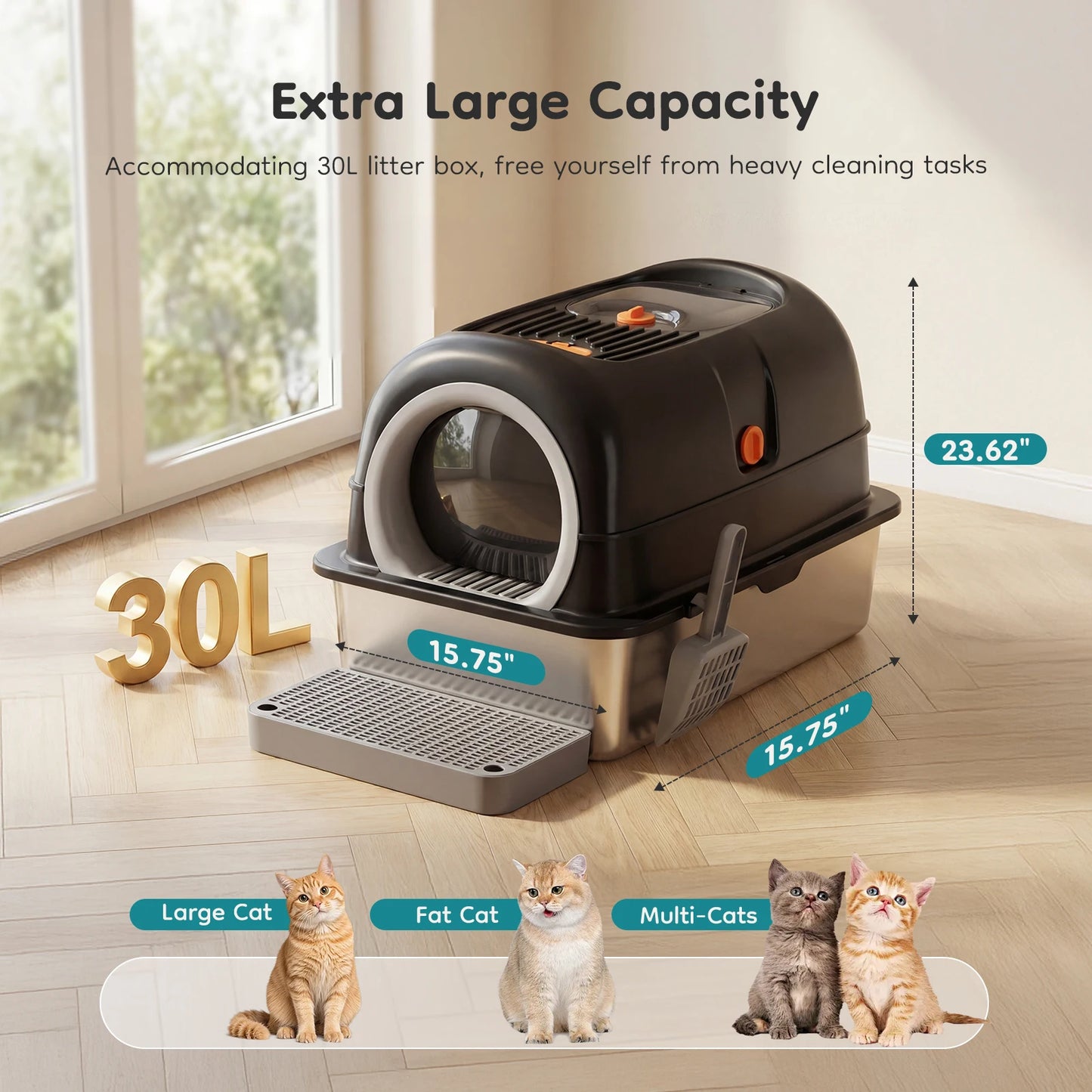 Stainless Steel Fully Enclosed Cat Litter Box With Mat Included