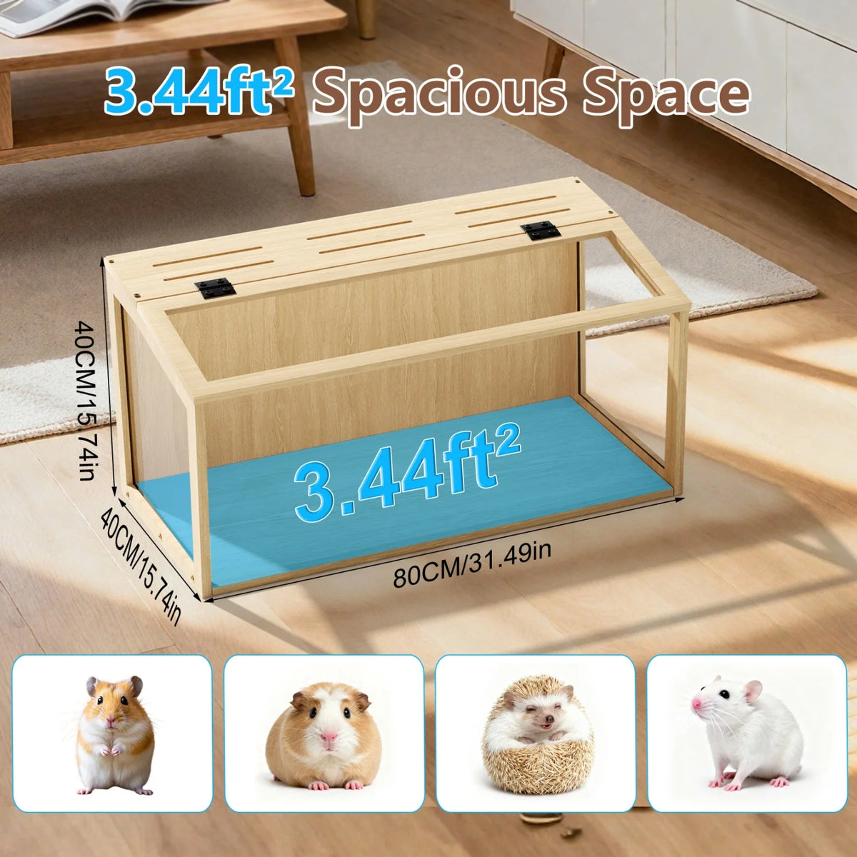 Chewproof Wooden Hamster Cage Tempered Glass Panels And LED Light