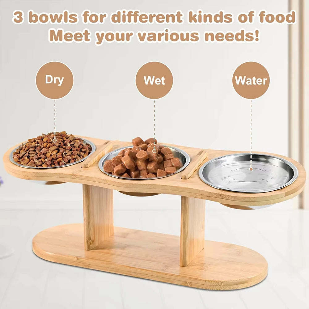 Cat 3 Stainless Steel Bowls Raised Feeder With Tilted 15 Silicone Mat Wood Stand