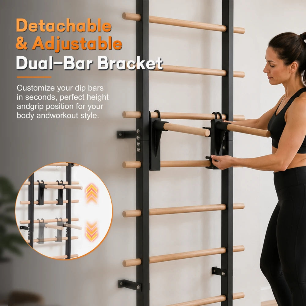 Swedish Ladder Wall Gym With Adjustable Pullup And Dip Bars