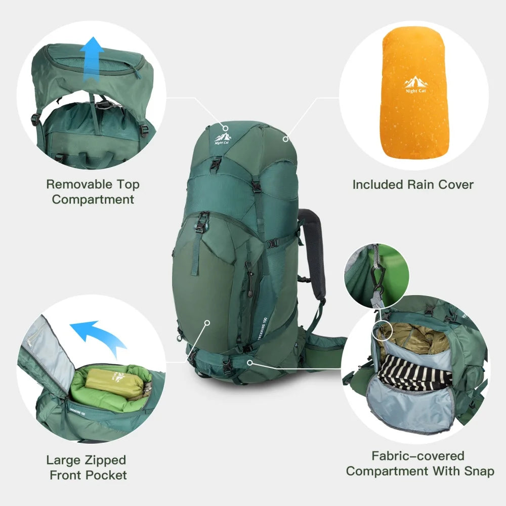 Night Cat Internal-frame Hiking Backpack: 100L Large Camping Backpack for Men Women Hiking Climbing Traveling Waterproof Rain Cover