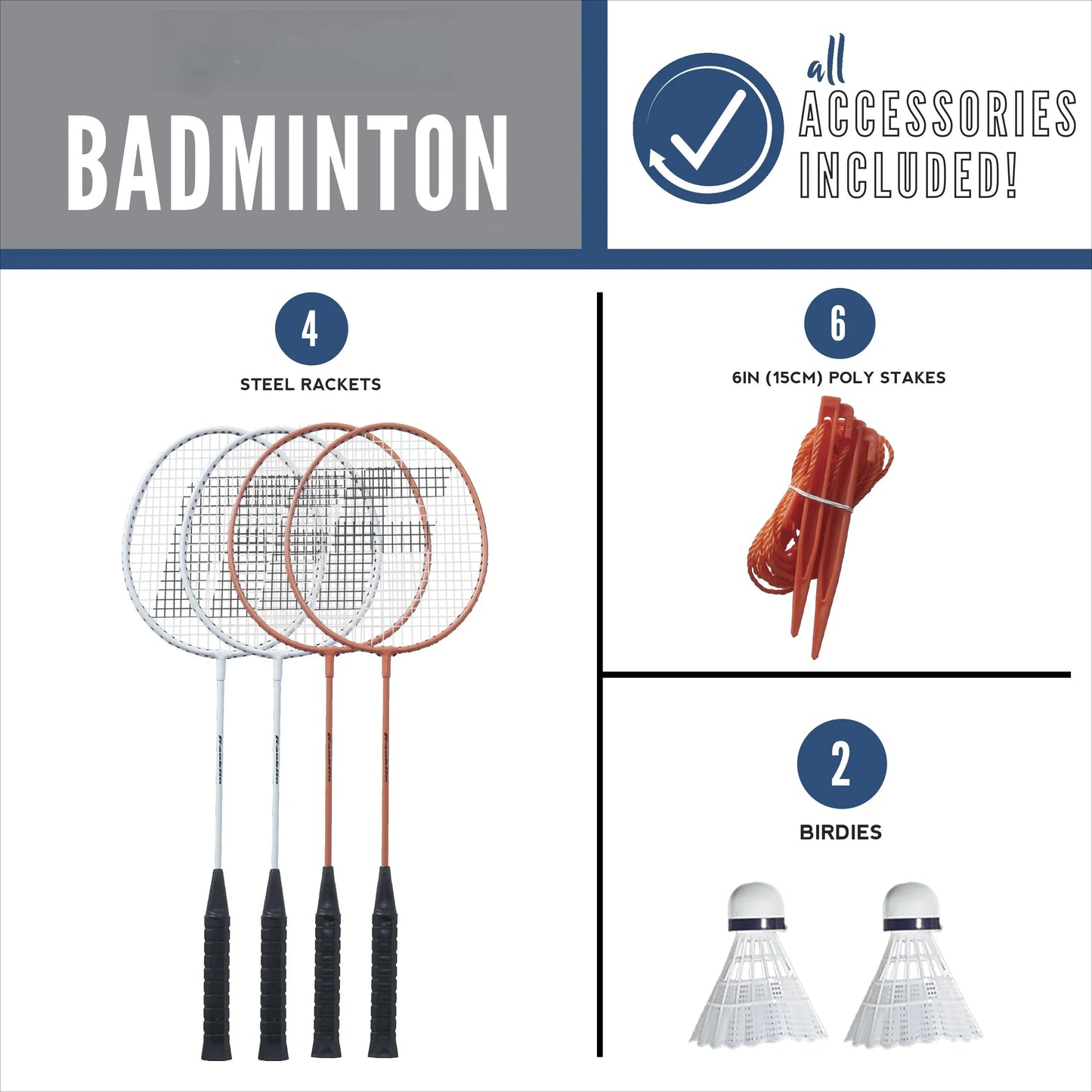 Badminton Net Starter Set With Steel Rackets And Stakes