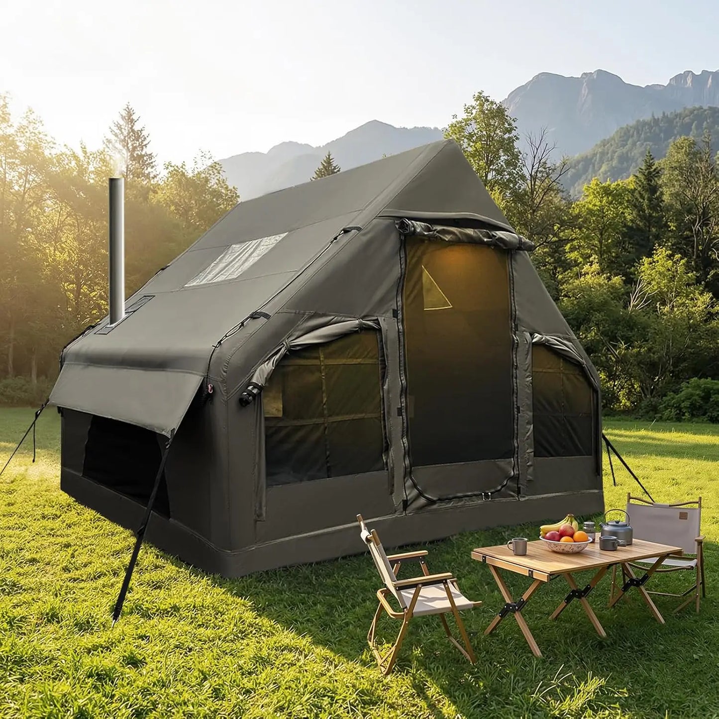 Luxury Inflatable Camping Tent,Wind & Rain Resistant,Breathable & Durable Wear-Resistant Fabric,Built-in Stove Jack,F