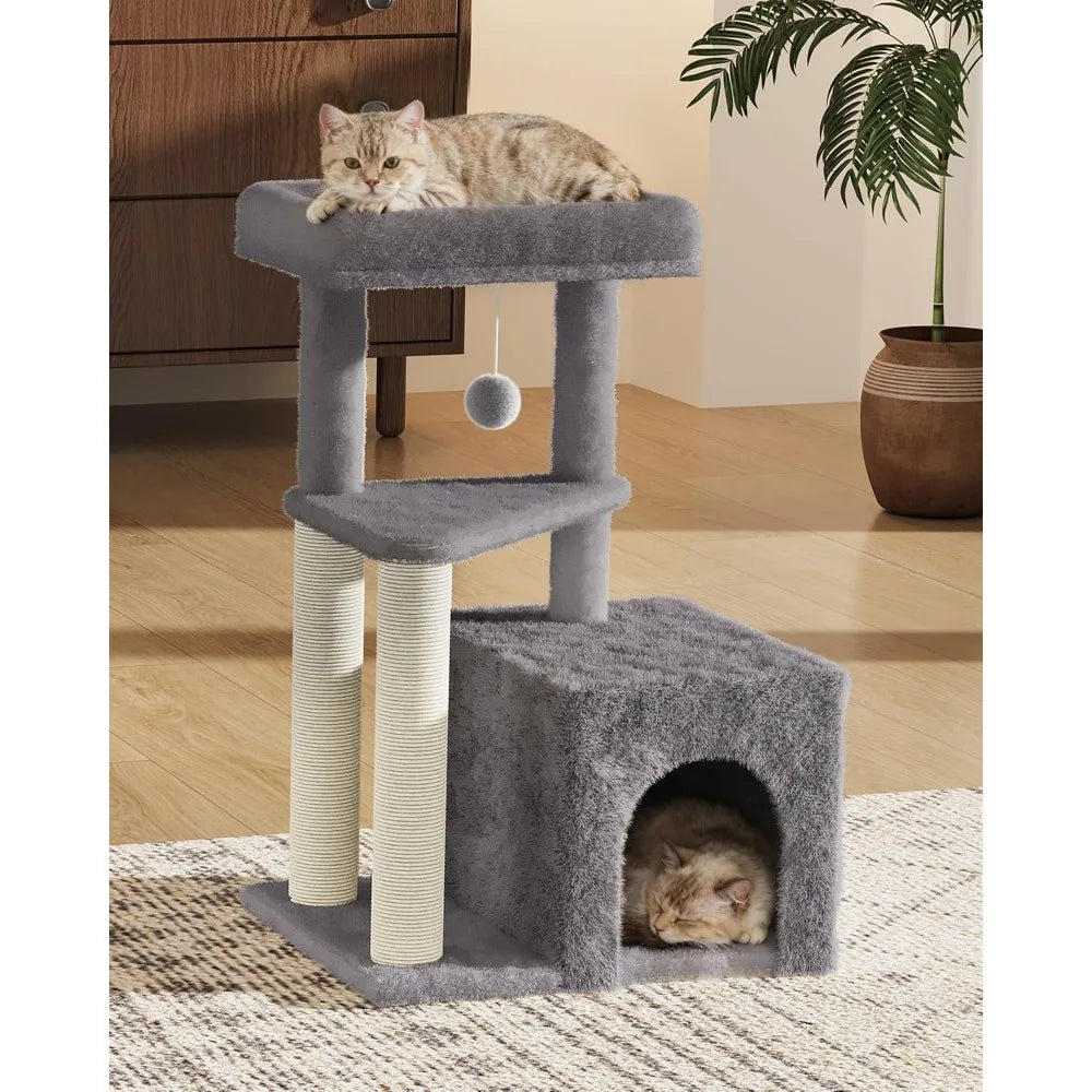 Multi Level Cat Tree Tower 33 Inch Condo Scratching Posts Large Perch Hanging Toy for Big Indoor Cats Gray