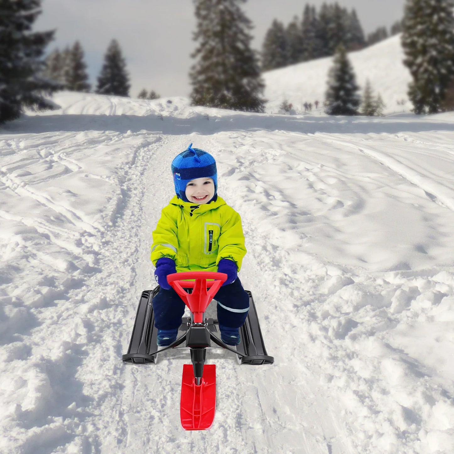 Kids Snow Racer Sled With Steering Wheel Brake