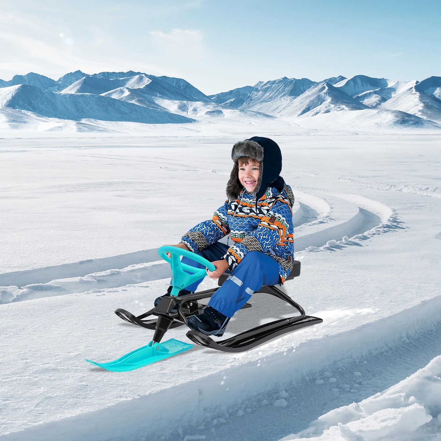 Kids Snow Racer Sled With Steering Wheel Brake