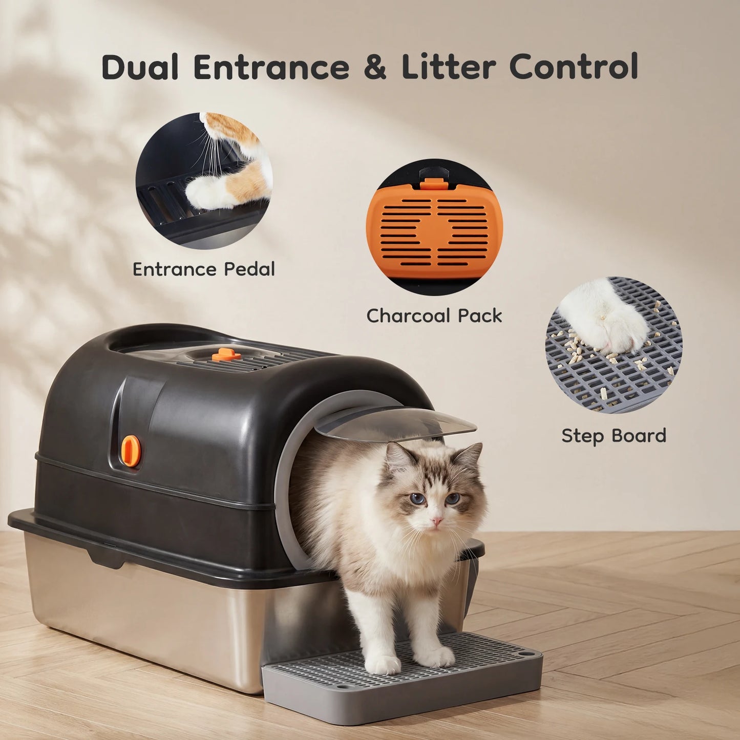 Stainless Steel Fully Enclosed Cat Litter Box With Mat Included