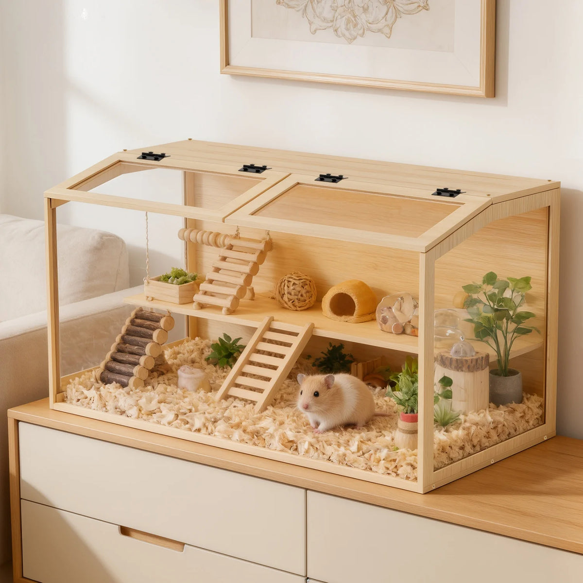 Chewproof Wooden Hamster Cage Tempered Glass Panels And LED Light