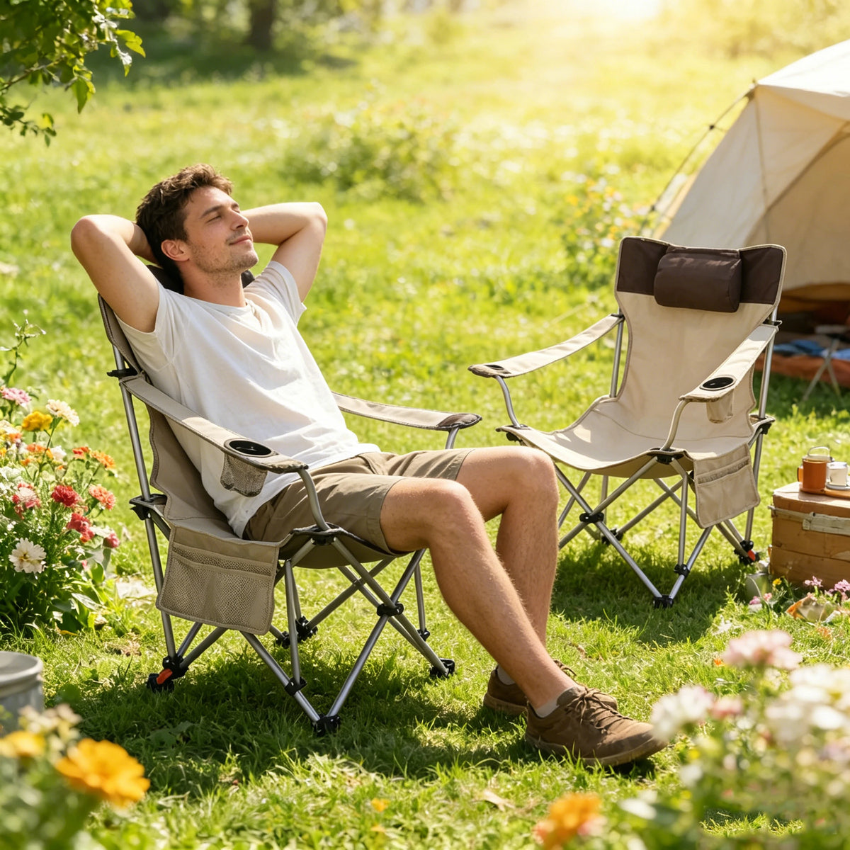 Adjustable Reclining Portable Camping Lounge Chair With Pockets