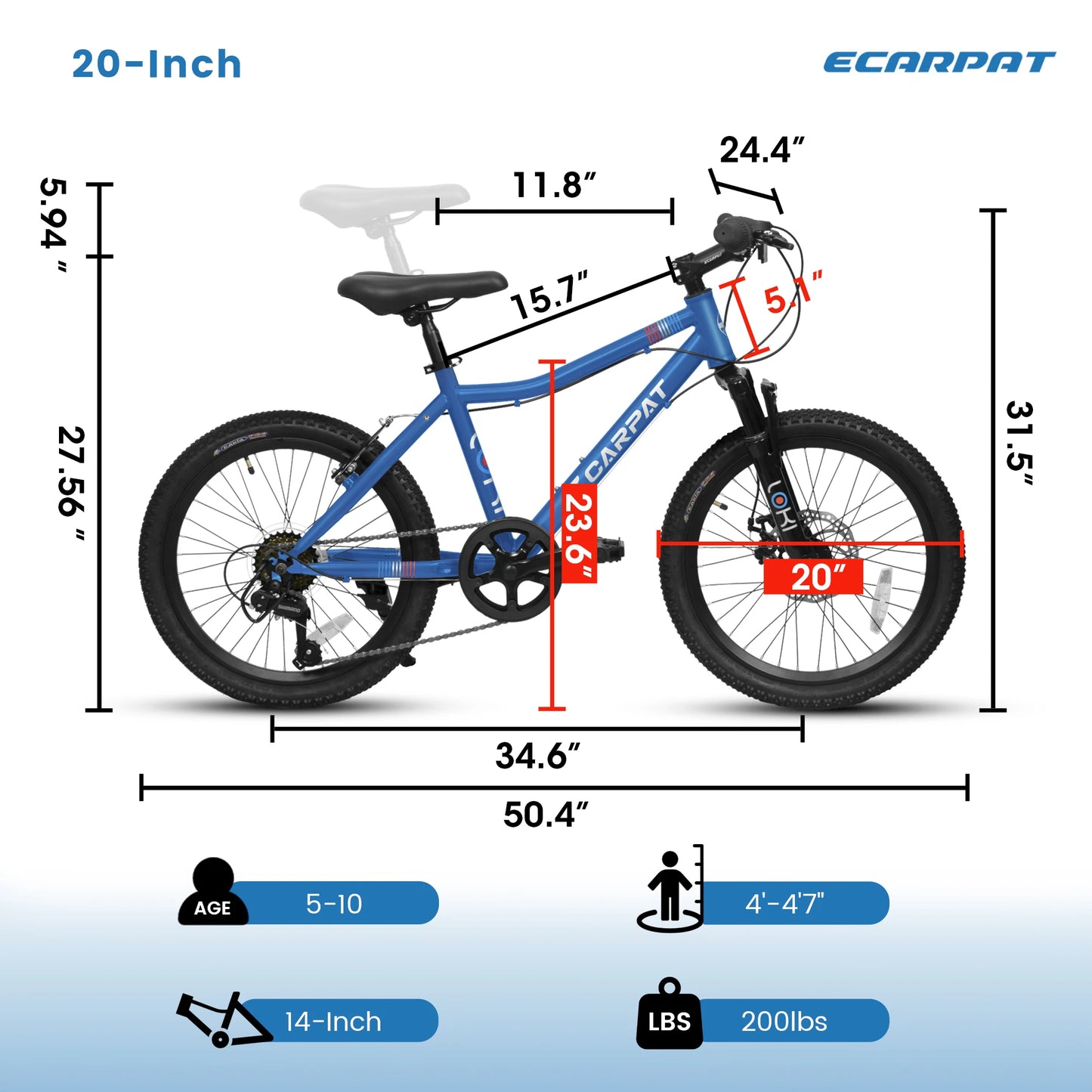 Ecarpat Kids Mountain Bike 7-Speed Front Suspension Disc V-Brake
