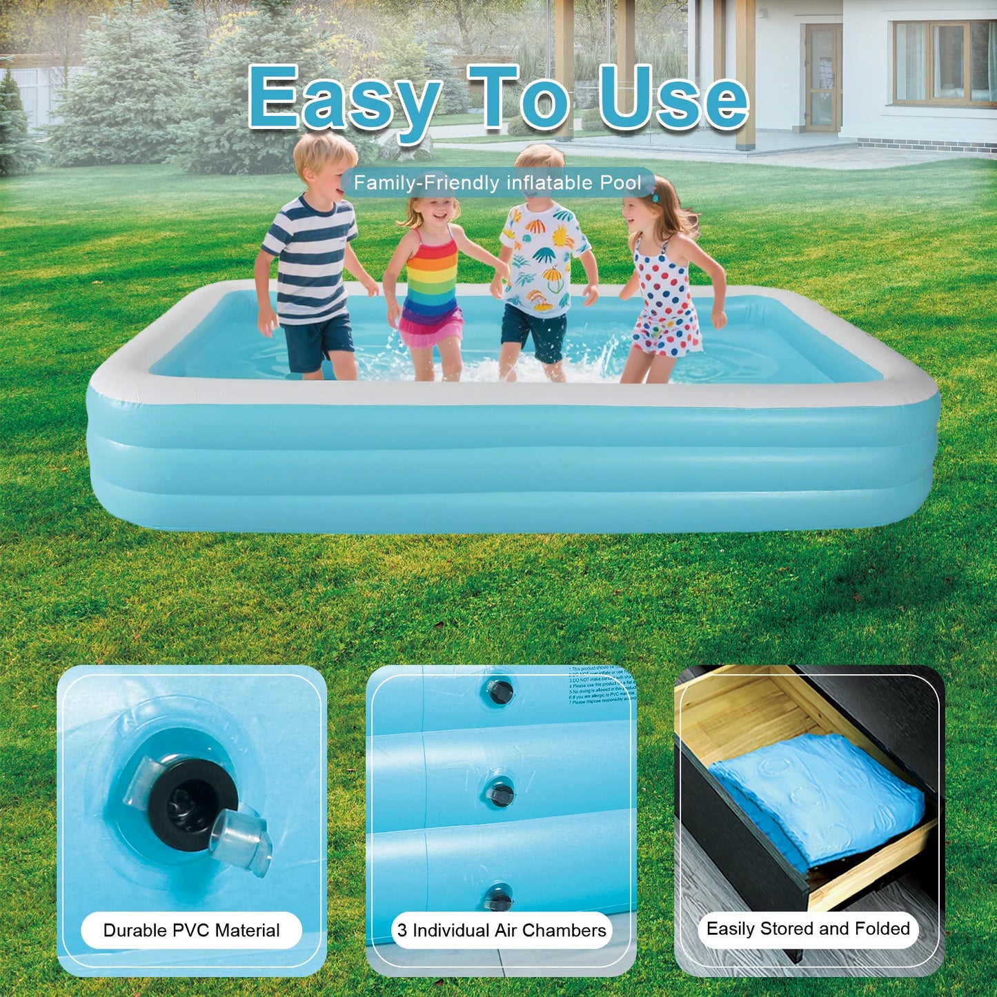 Inflatable Swimming Pool, Rectangular, Blue, Outdoor Garden Backyard Water Party, for Kid Adult Family