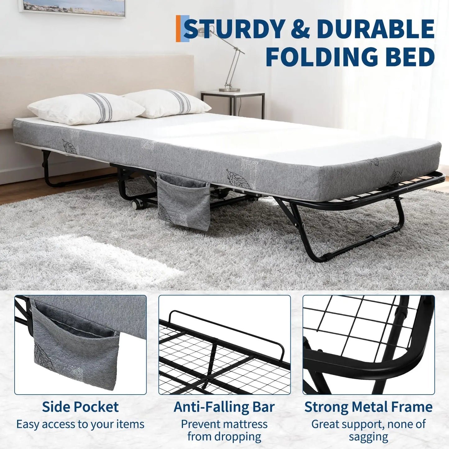 HiMISS Folding Bed With Memory Foam Mattress Portable Rollaway Bed For Adults