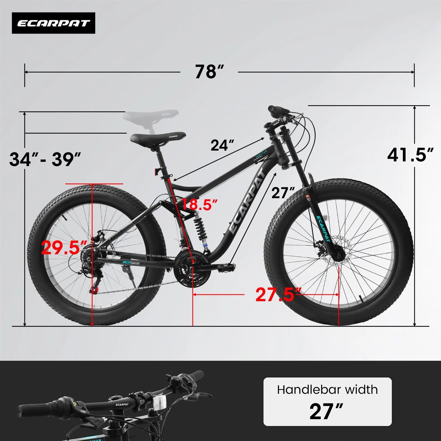 Fat Tire Mountain Bike Full Suspension 21 Speed Disc Brakes