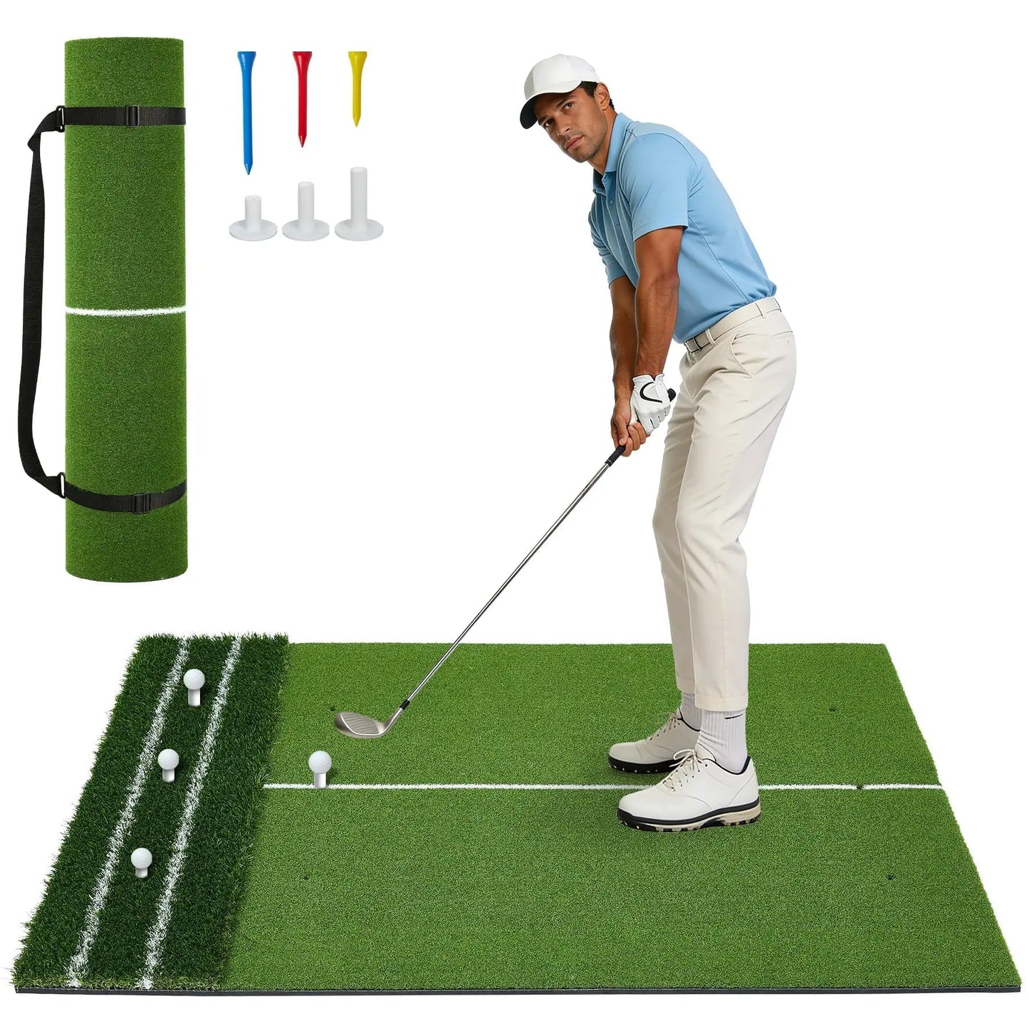 HiMISS Dual Turf Golf Practice Mat With Alignment Lines Backyard