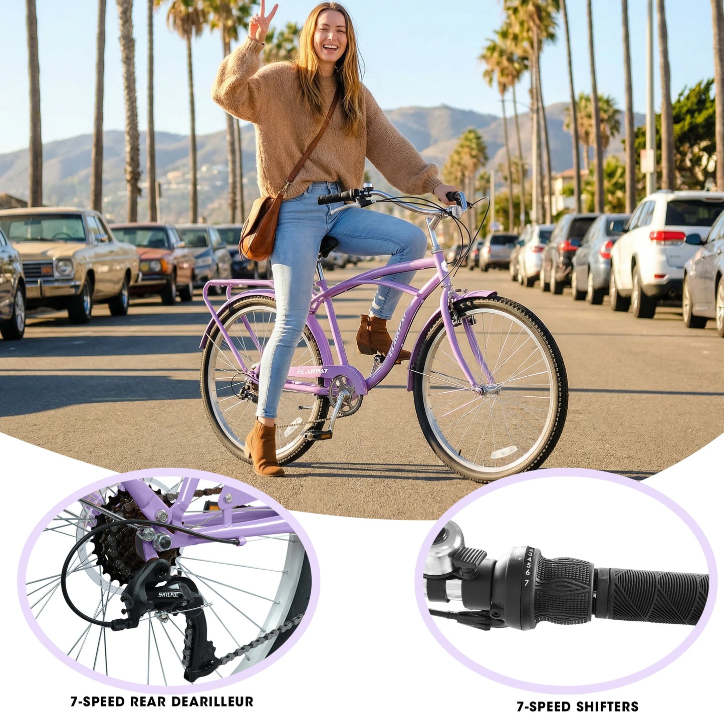 26 Inch Beach Cruiser Bike for Men Women, 7 Speed Commuter Bicycle with Dual V-Brakes and High-Carbon Steel Frame, Comfortable City Bike for Adult