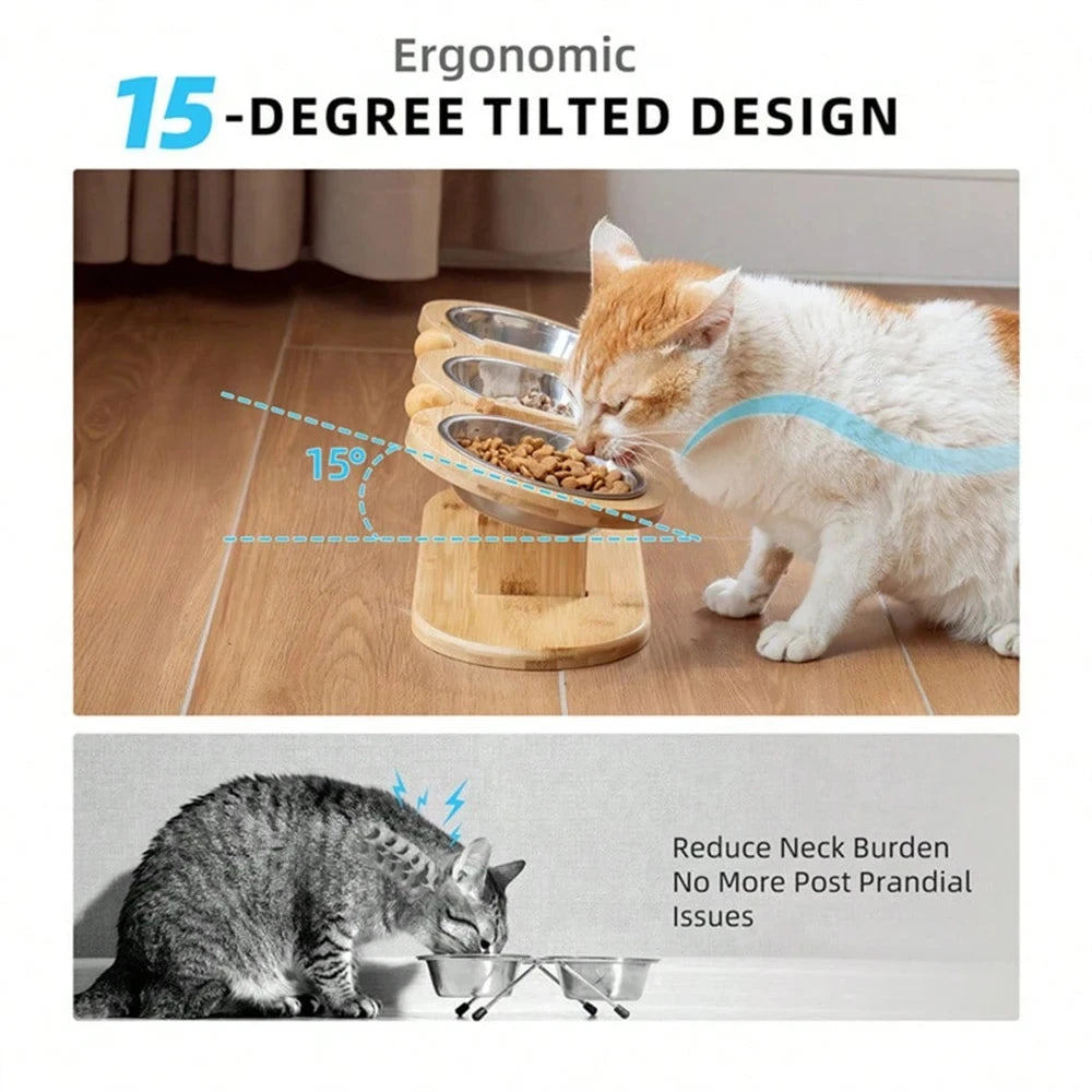 Cat 3 Stainless Steel Bowls Raised Feeder With Tilted 15 Silicone Mat Wood Stand