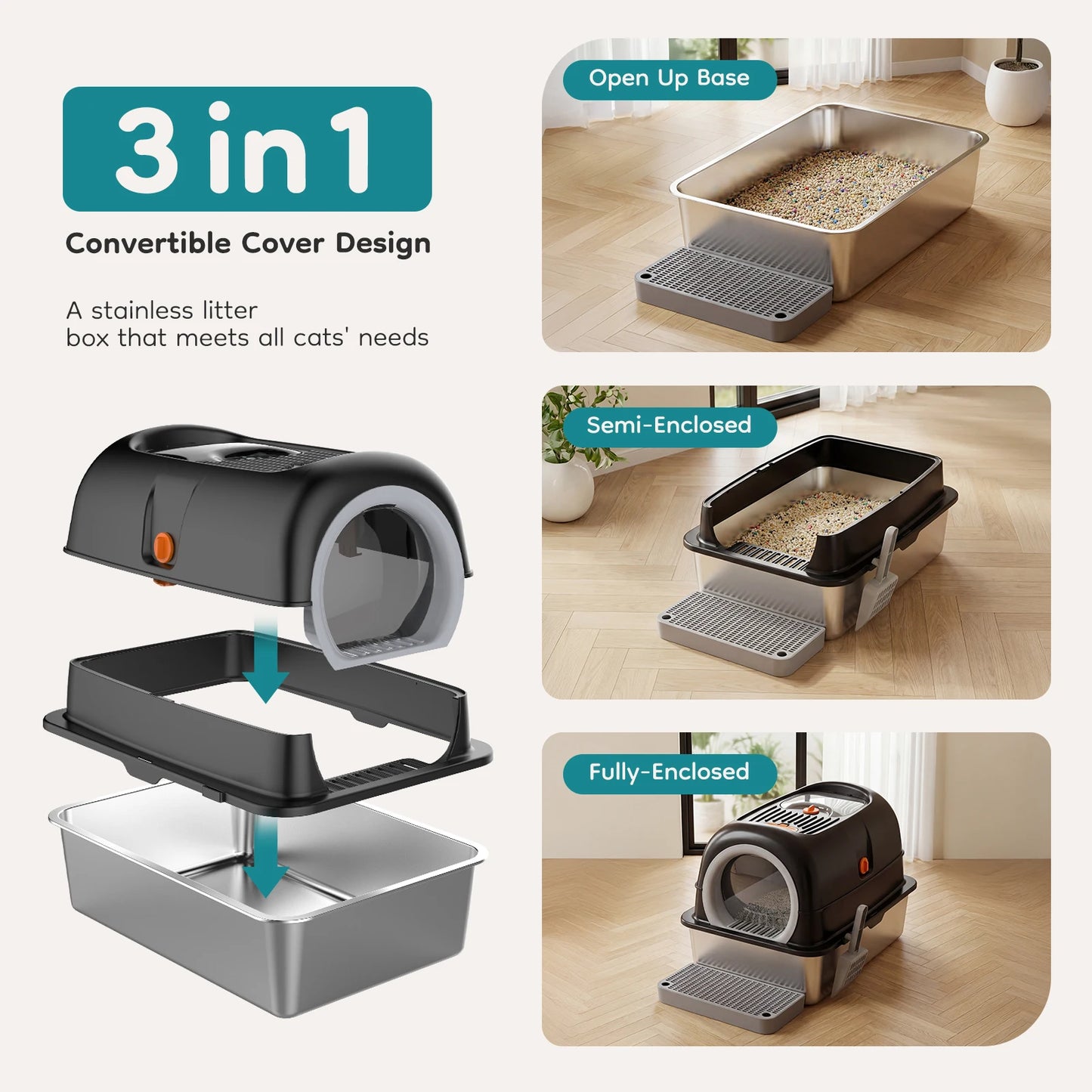 Stainless Steel Fully Enclosed Cat Litter Box With Mat Included