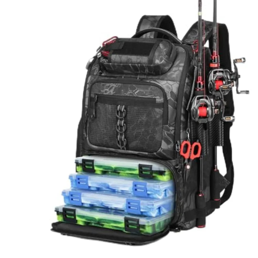 Fishing Tackle Backpack With Two Rod Holders And Gear Storage