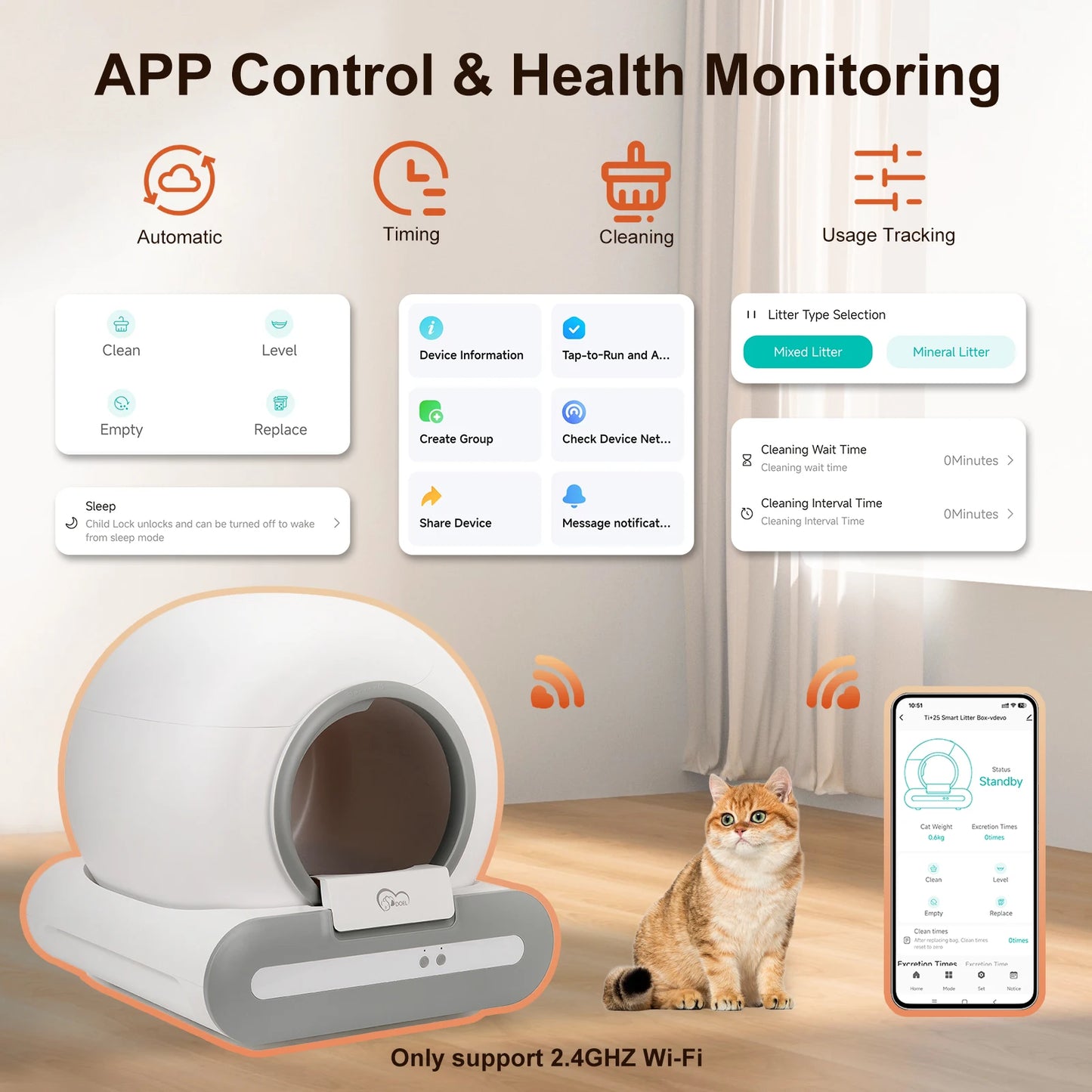 DOEL 65L Self Cleaning Cat Litter Box With App Control 2.4G WiFi
