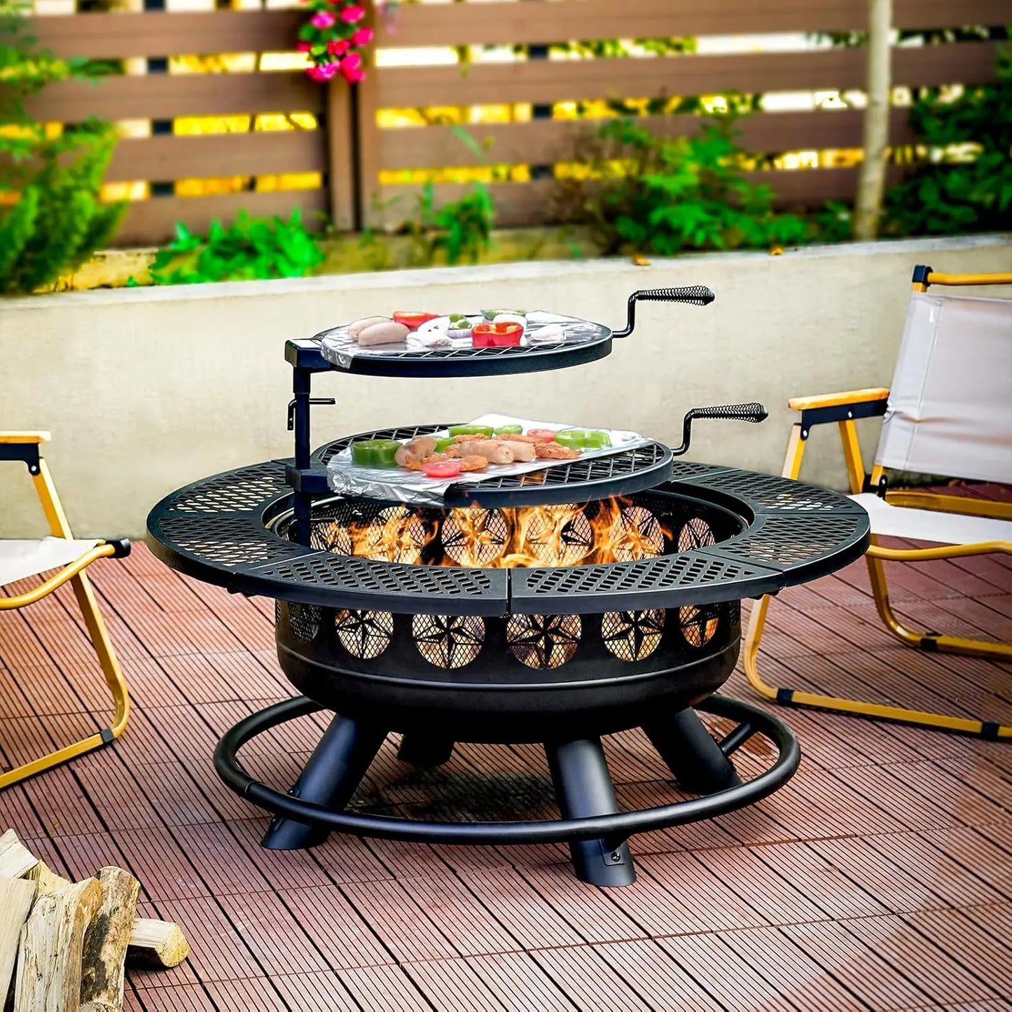 Outdoor Wood Burning Fire Pit With Cooking Grills And Lid