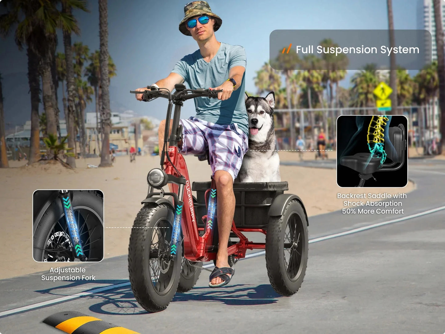 PUCKIPUPPY Husky Electric Trike 960W Peak Motor 60 Mile Range