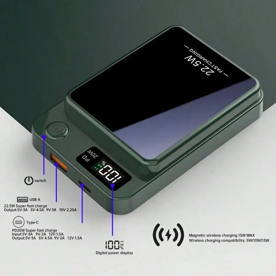 Portable Magnetic Charger 10000mAh Wireless Power Bank Qi MagSafe LED Display