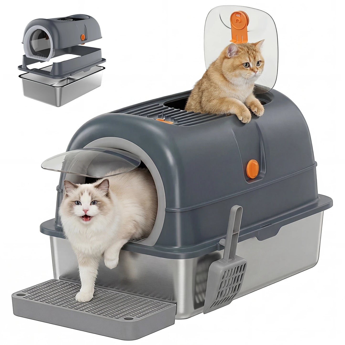 Stainless Steel Fully Enclosed Cat Litter Box With Mat Included