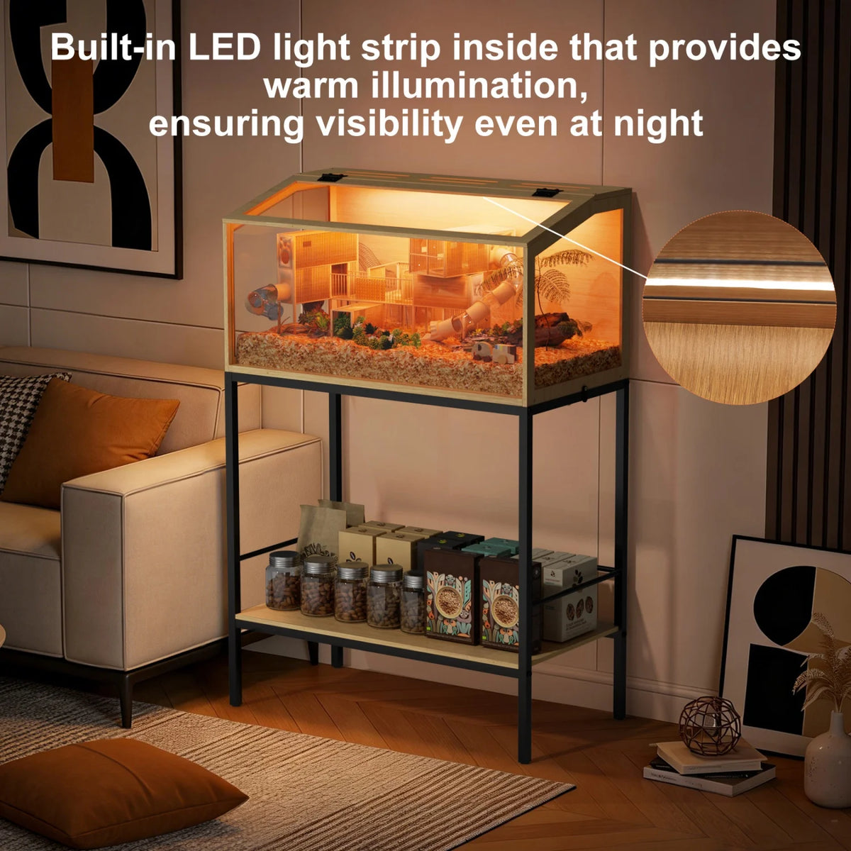 Chewproof Wooden Hamster Cage Tempered Glass Panels And LED Light