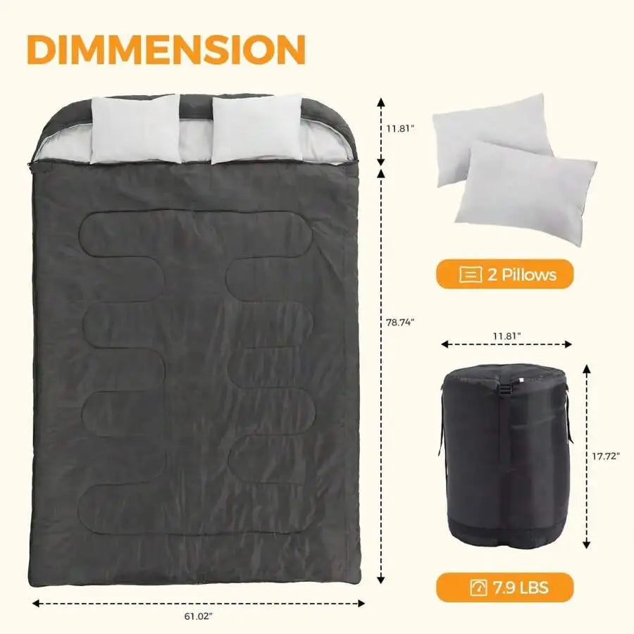 Adult Double Sleeping Bag With Pillow Lightweight Portable Camping Gear
