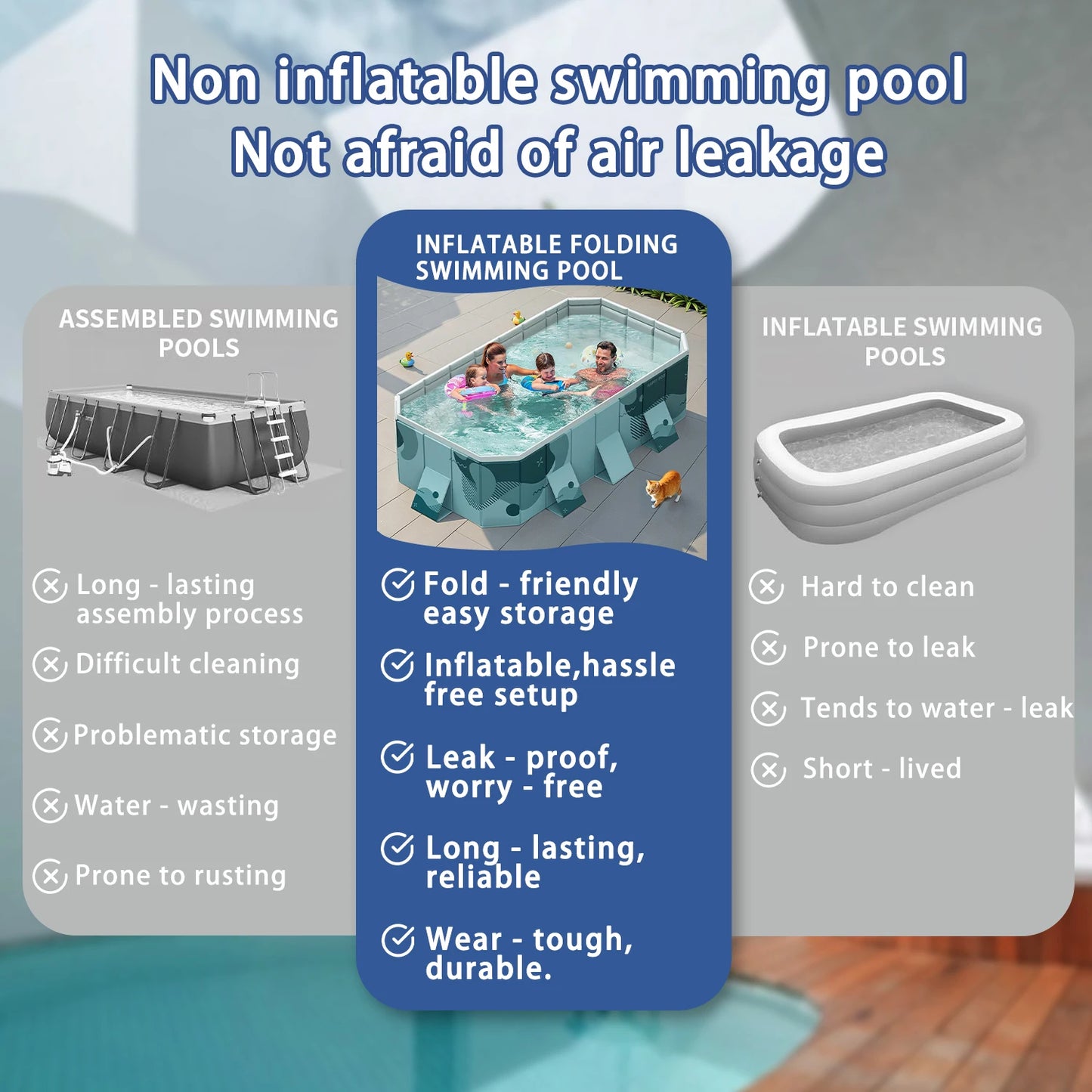 Foldable Rectangular Family Pool For All Ages Above Ground