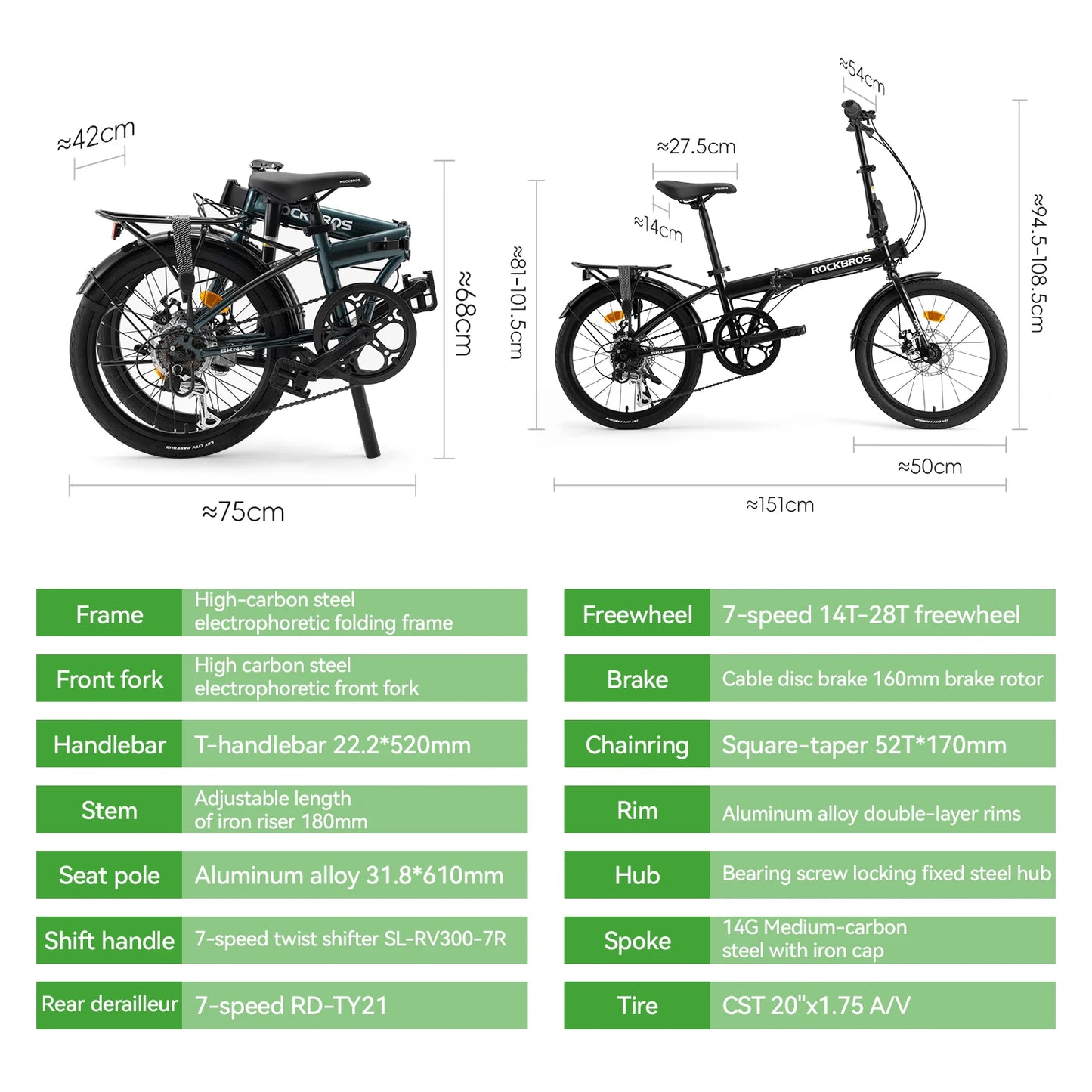 ROCKBROS Folding Bike 7Speed Disc Brake Carbon Steel Frame