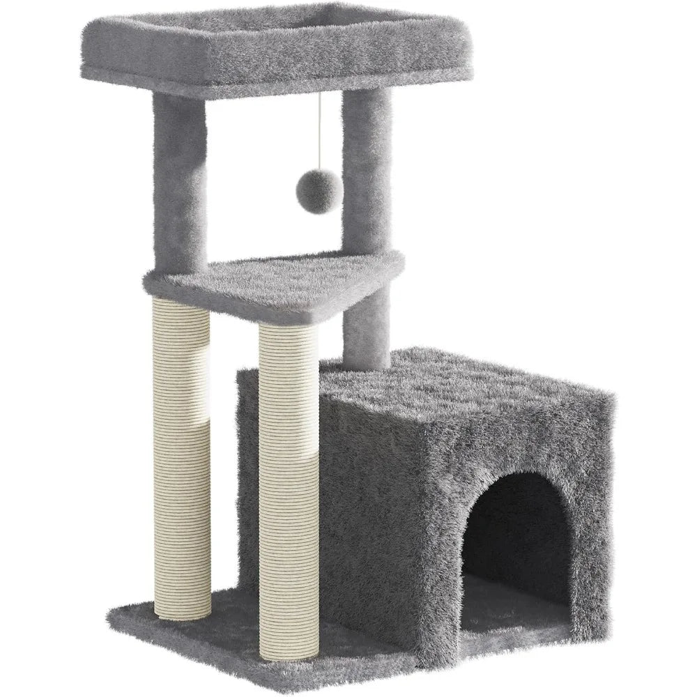 Multi Level Cat Tree Tower 33 Inch Condo Scratching Posts Large Perch Hanging Toy for Big Indoor Cats Gray