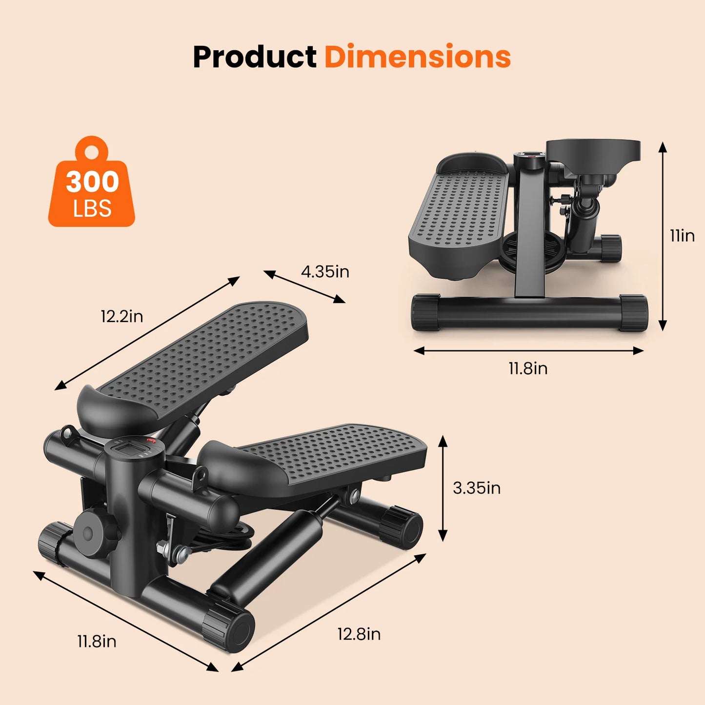 JHK Mini Stepper with Resistance Bands 300 LBS Weight Capacity Hydraulic Home Stepper Machine Compact Cardio Equipment with LCD Monitor No Assembly Required
