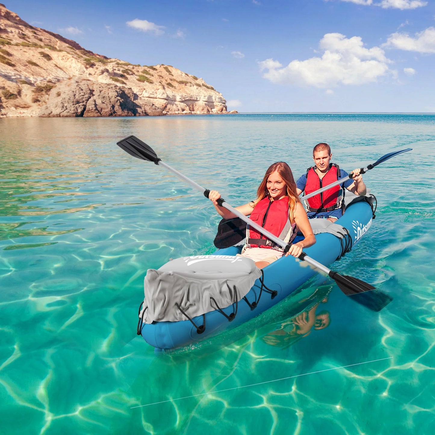 K2 Kayak, 2 Person Inflatable Kayak, Includes Paddles, Aluminum Oars, Repair Kit, Portable Tandem Blow Up Boat, Blue