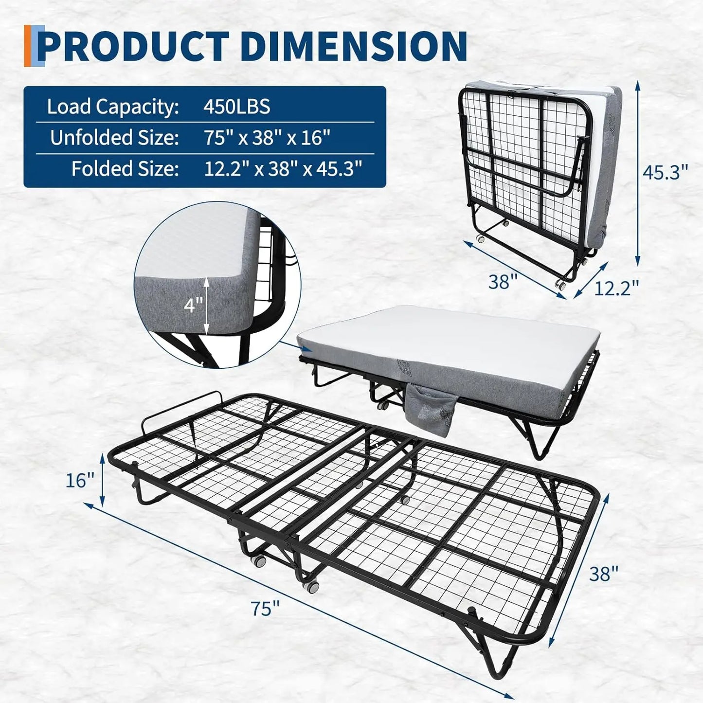 HiMISS Folding Bed With Memory Foam Mattress Portable Rollaway Bed For Adults