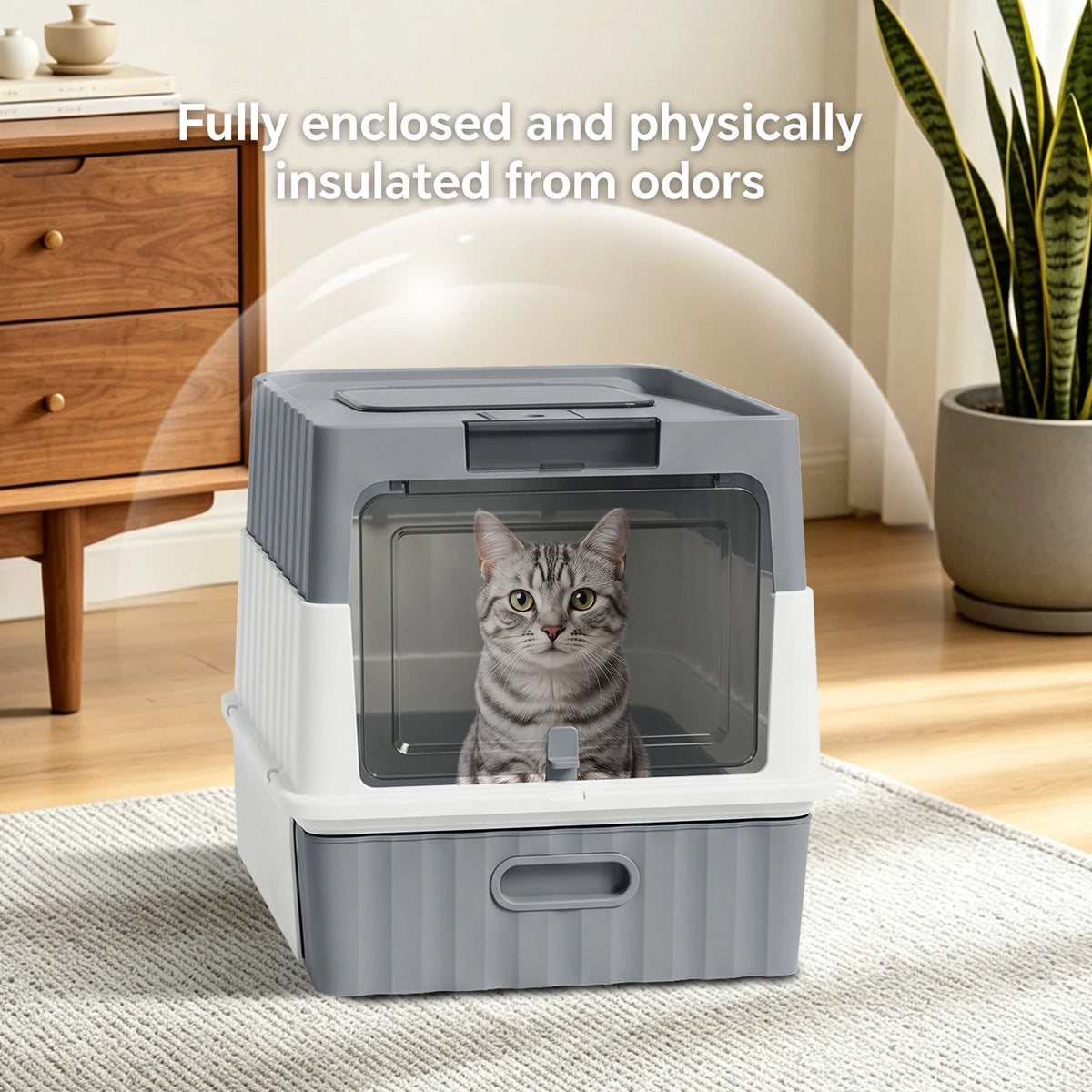 Mofang Enclosed Cat Litter Box With Easy Clean Drawer Scoop