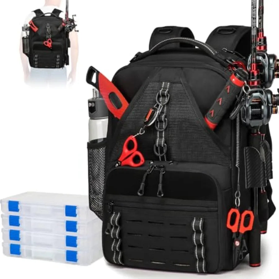 Fishing Tackle Backpack With Two Rod Holders And Gear Storage