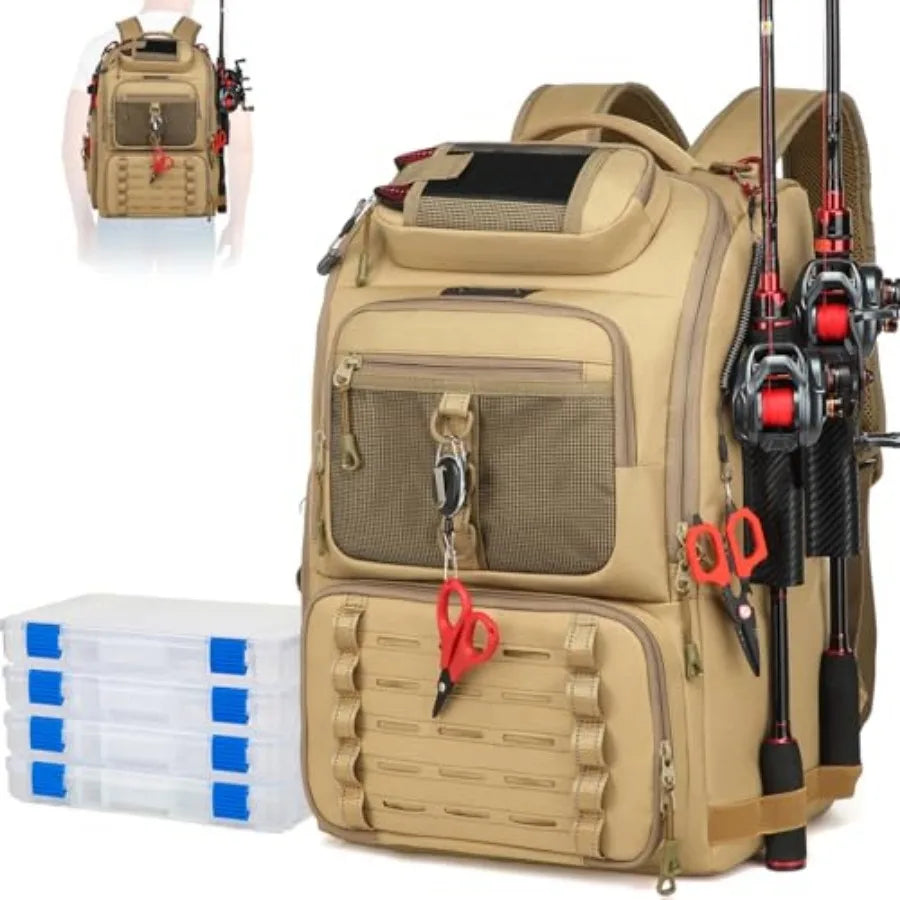 Fishing Tackle Backpack With Two Rod Holders And Gear Storage