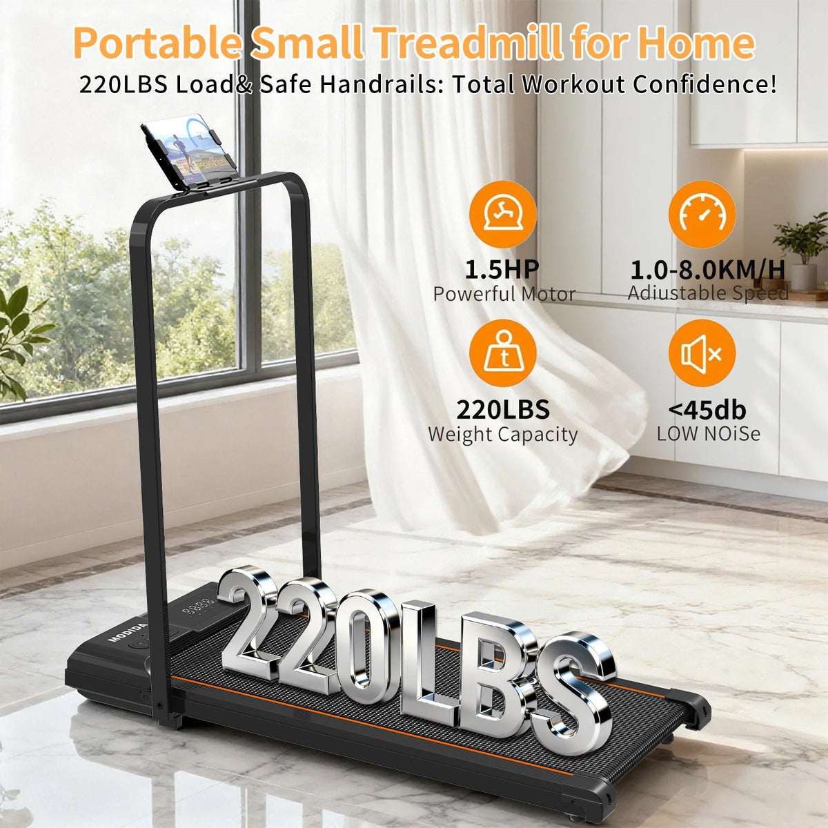 MODIDA Walking Pad Treadmill With Foldable Handrail And Quiet Motor
