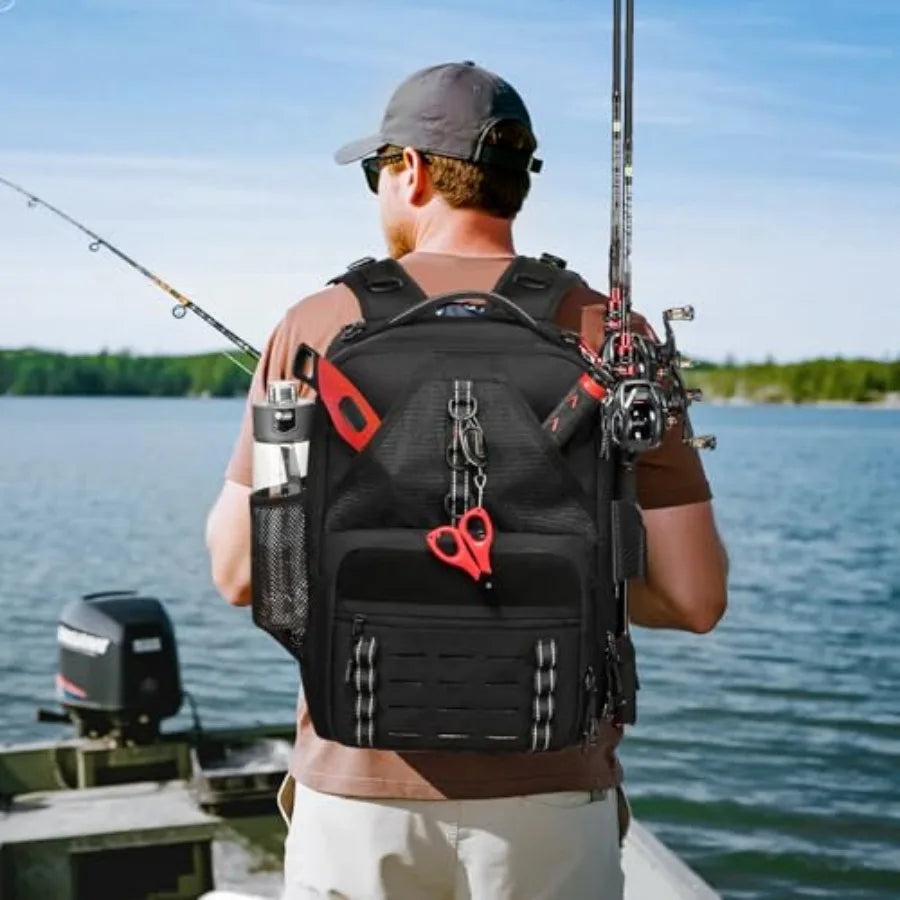 Fishing Tackle Backpack With Two Rod Holders And Gear Storage