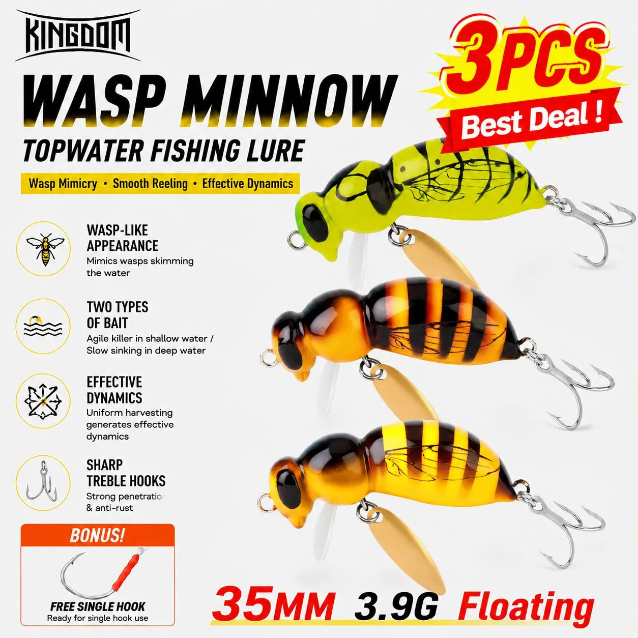 Kingdom Wasp Minnow Floating Hard Wobbler Lure With Spinner Hook